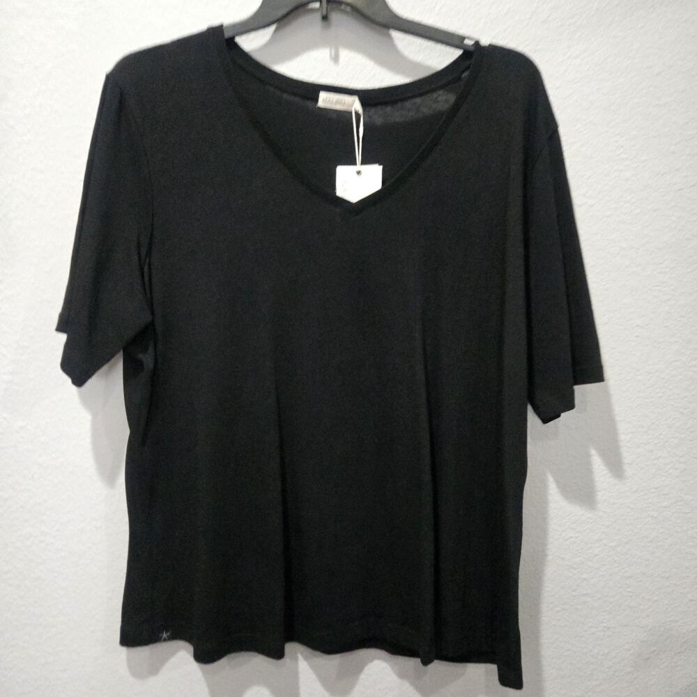 Barefoot Dreams Tee Women 2X Black Malibu Collection Slub Burnout V Neck